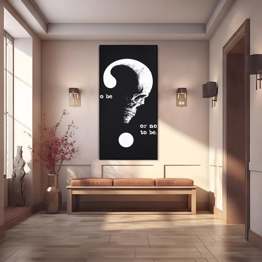Tablou canvas cu tablou canvas cu craniu si semnul intrebarii, in rama de aluminiu negru